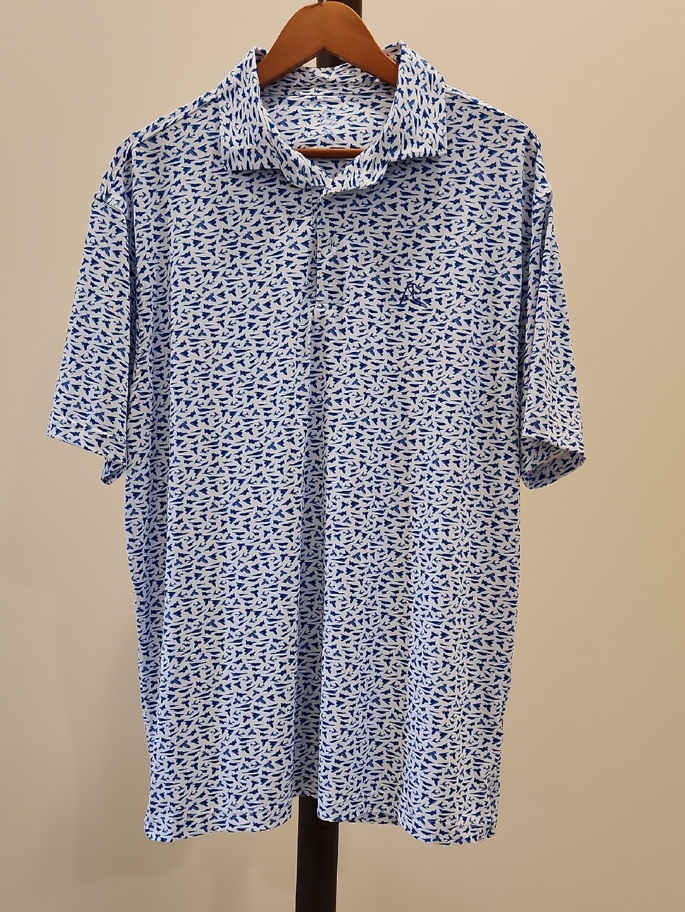 Rhoback White And Blue Military Aircraft Micro-Print Performance Polo